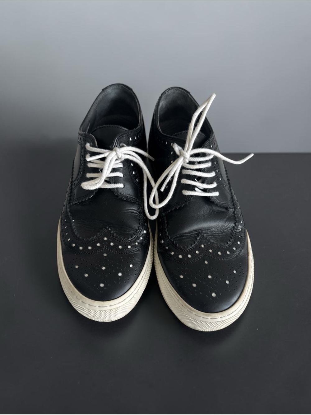 Robert Clergerie Black Leather Brogue Derbys with White Soles